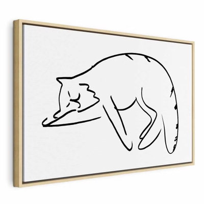 Cat and s dreams vertical – naturfärgad ram. En utsträckt, sovande katt återges med en tunn svart linje på en stor vit bildyta.