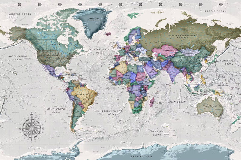 World destinations: En detaljerad världskarta med grågröna, blå och dämpat rosa länder ligger mot en ljus botten.