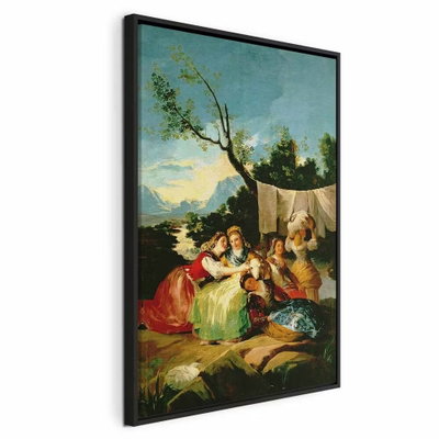Francisco goya the – svart ram. Ett sällskap i färggranna historiska kläder sitter vid ett stort träd i ett böljande landskap.