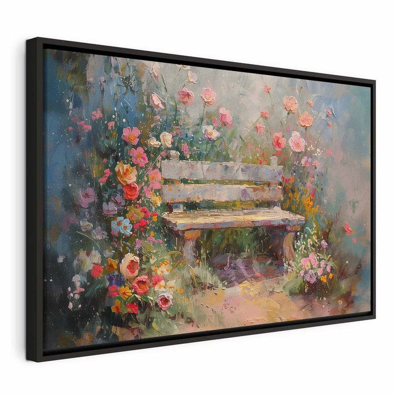 Flowery bench impressionist – svart ram. En ljus bänk står bland rosa, röda och gula blommor i en mjukt målad trädgård.