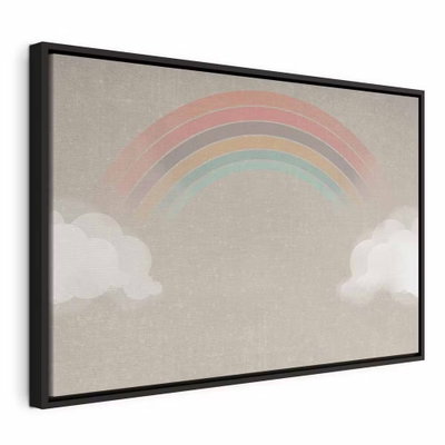 Rainy june colorful rainbow – svart ram. En regnbåge i bleka pasteller sträcker sig mellan vita moln på en varm gråbeige bakgrund.
