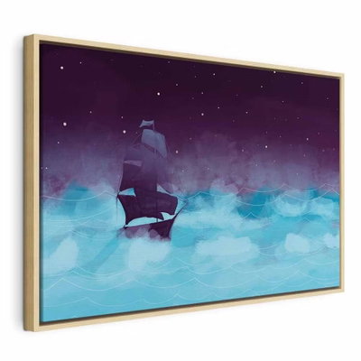 Night waves wide third – naturfärgad ram. Ett segelfartyg möter ljusa turkosa vågor under en violett himmel med små stjärnor.