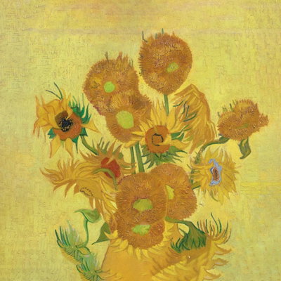 Kvadratisk motivförlaga för Vincent van Gogh - still life: Gula solrosor i olika stadier står tätt i en vas framför en varm gul bakgrund.