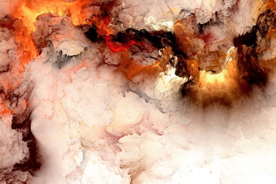 Volcanic abstraction wide – motivvy. Molnliknande fält i svart och rostbrunt möter crèmefärgade och vita stråk i en abstrakt komposition.