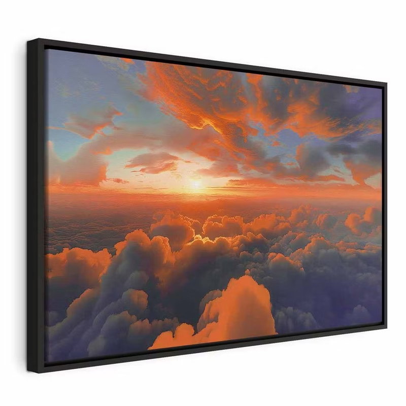 When dawn tickles the clouds – svart ram. Orange, upplysta molntoppar möter blågrå himmel i en vidsträckt sky.