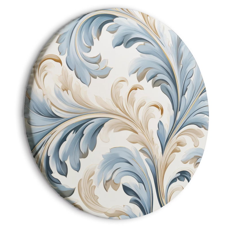 Rund motivvy för Baroque ornaments: Ljusblå bladslingor och guldfärgade detaljer formar ett stort ornament mot en gräddvit botten.