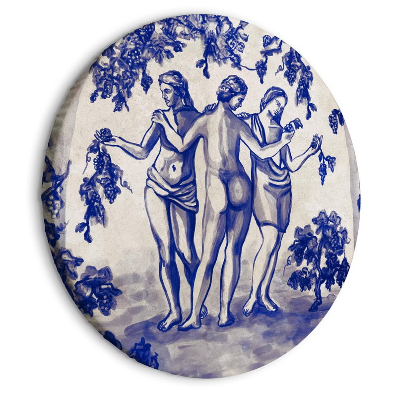 Rund motivvy för Ancient vineyard: Blåtonade antika figurer omges av vinrankor och druvklasar mot en ljus bakgrund.