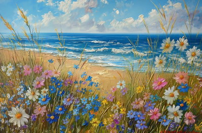 Seascape wildflowers and a – motivvy. Vita, rosa och blå ängsblommor växer framför en sandstrand och ett blått hav under ljus molnhimmel.