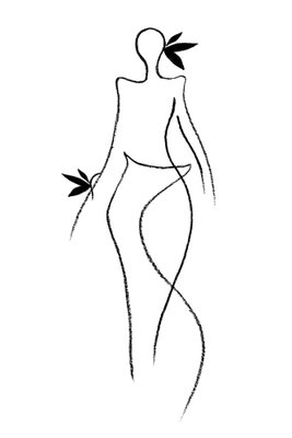 Exotic dance vertical – motivvy. En kvinnlig figur återges med få tunna svarta linjer och små bladliknande detaljer på vit botten.