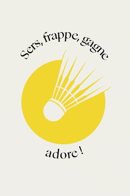 Badminton shuttlecock on a – motivvy. En vit badmintonboll ligger i en gul cirkel mellan böjd svart typografi på en ljust crèmefärgad bakgrund.