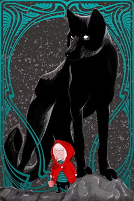 Red riding hood vertical – motivvy. En stor svart varg och en liten rödklädd figur bildar ett illustrerat sagomotiv inom en turkos, dekorativ bård.