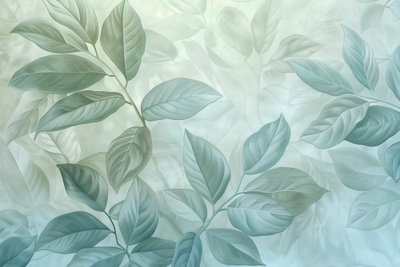 Large leaves in shades of – motivvy. Stora gröna och blågröna blad överlappar varandra i ett mjukt botaniskt mönster.