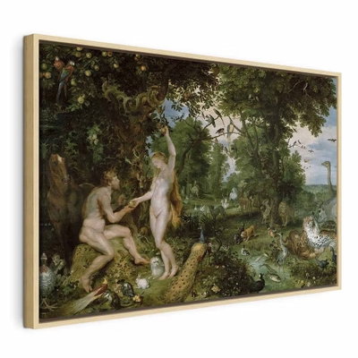 Peter paul rubens the garden – naturfärgad ram. Målade gestalter och många djur samlas bland frodiga träd och växter i ett grönt landskap.