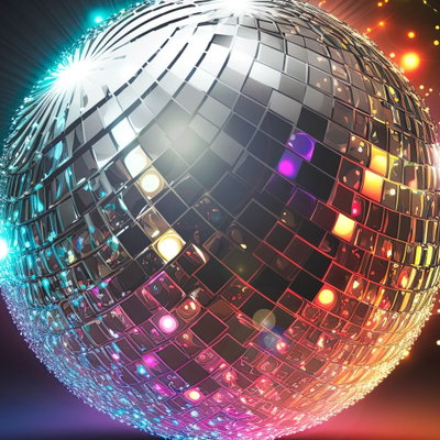Kvadratisk motivforlæg for Silver disco ball: Sølvgrå spejlfelter danner en diskokugle med turkise, lyserøde og gyldne lysreflekser.