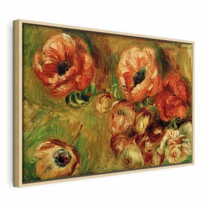 Pierre auguste renoir les – naturfärgad ram. Stora röda och orange blommor med gröna blad återges med breda, synliga penseldrag.
