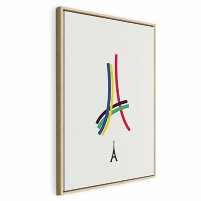 Eiffel tower colorful – naturfärgad ram. Blå, röda, gula och gröna linjer bildar en förenklad tornfigur över en liten svart Eiffeltornssymbol.