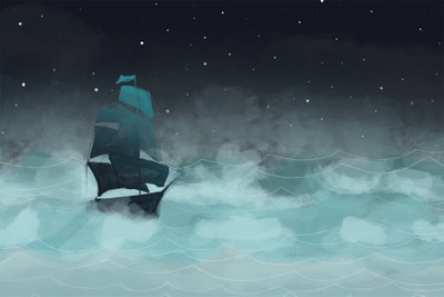 Night waves wide second – motivvy. Ett mörkt segelfartyg går över stiliserade turkosa vågor under en mörk, stjärnprickig himmel.