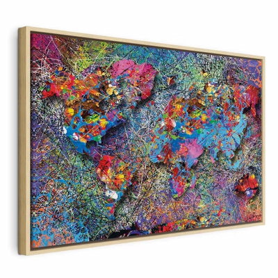 Map jackson pollock – naturfärgad ram. Kontinentliknande former möter täta färgstänk och slingrande linjer i rosa, blått, grönt och gult.