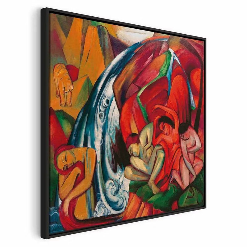 Franz marc the waterfall – svart ram. Blå vattenstråk och röda, orange, gröna och gula former bygger en tät, vinklad målning.