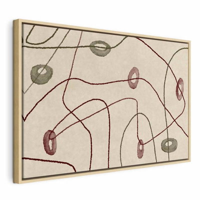 Lines and shapes bead – naturfärgad ram. Tunna röda och gröna linjer möter små ovala former över en ljust beige bakgrund.