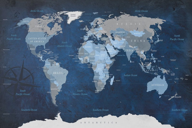 Dark blue world: Blå och grå länder återges över en mörkblå bakgrund med diskreta ortnamn och en kompassros.