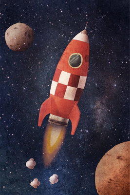 Into the unknown by rocket – motivvy. En röd raket med vita rutor flyger bland stjärnor och planeter mot en mörk rymdbakgrund.