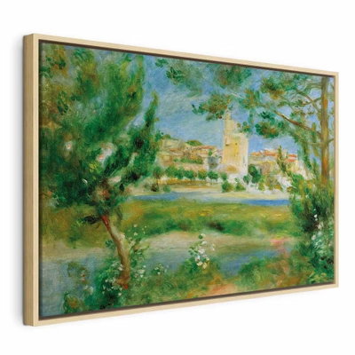 Pierre auguste renoir – naturfärgad ram. Gröna träd ramar in öppna gräsytor och ljusa byggnader vid en låg horisont.