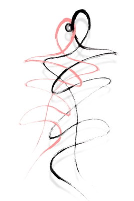 Tangled passion vertical – motivvy. Fria svarta och rosa linjer antyder en figur mot vitt. Den lösa teckningen lämnar stora ljusa mellanrum.