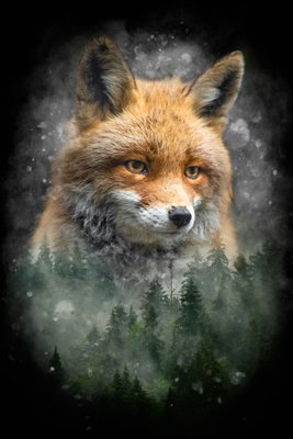 Forest life vertical – motivvy. Ett orange rävansikte framträder ur en mörk komposition med dimma, små ljuspunkter och trädliknande former.