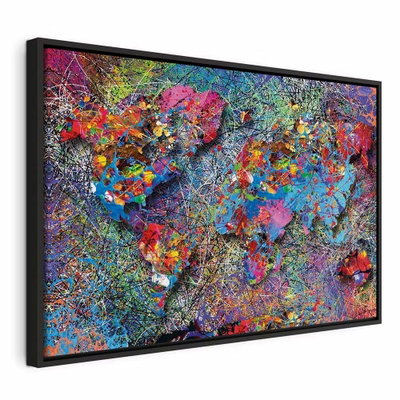 Map jackson pollock – svart ram. Kontinentliknande former möter täta färgstänk och slingrande linjer i rosa, blått, grönt och gult.