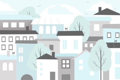 Colorful town wide – motivvy. En stiliserad grupp hus i vitt, grått och blekt blått omges av enkla träd och små moln.