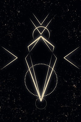 Symmetry of shapes graphic – motivvy. Tunna, guldfärgade linjer bildar en symmetrisk spetsig form mot en svart, lätt flammig bakgrund.