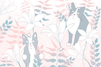 Cat matters wide secondt – motivvy. Två gråvita katter med små fjärilar omges av vita blommor och rosa och blågröna blad.