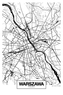 City plan warszawa vertical – motivvy. En bred, böjd flod löper genom ett tätt nät av tunna gator på en vit karta med namnet WARSZAWA.