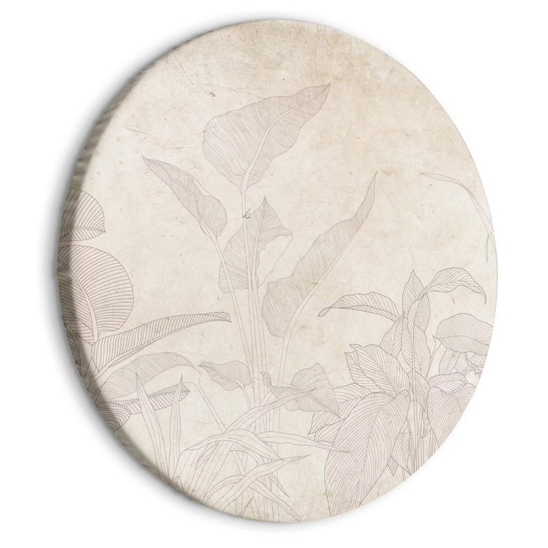 Rund motivvy för Muted exotic greenery: Tunna bladkonturer växer fram över en varm, ljus bakgrund.