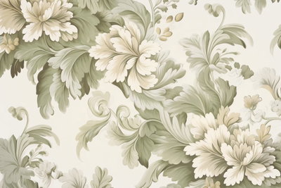 Retro vintage flowers in – motivvy. Stora crèmefärgade blommor och gröngrå blad bildar ett tätt dekorativt mönster på ljus botten.