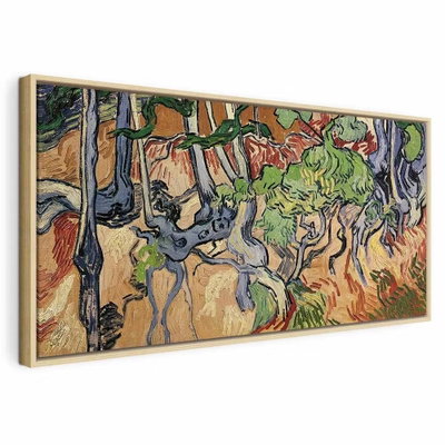 Vincent van gogh tree roots – naturfärgad ram. Mörka, sammanflätade rötter möter kantiga färgfält i blått, grönt och ockra.
