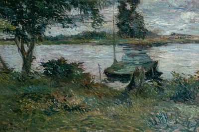 Paul gauguin flußufer – motivvy. Träd och en liten båt står vid vatten i en målad landskapsbild med gröna och blågrå penseldrag.