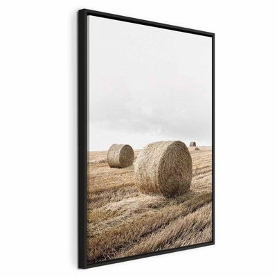 Hay vertical – svart ram. Två stora, runda höbalar ligger på ett skördat fält under en stor och ljus himmel.