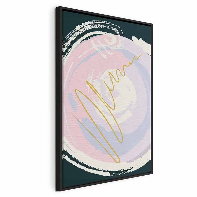 Gravitation vertical – svart ram. Vita penselliknande cirklar och rosa och lila fält omger en guldfärgad slinga på mörkt blågrönt.