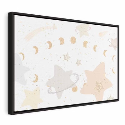 Fairy tale galaxy phases of – svart ram. Ljusa planeter, stjärnor och en rad månfaser bildar en luftig illustration i vitt, crème och blekt gult.