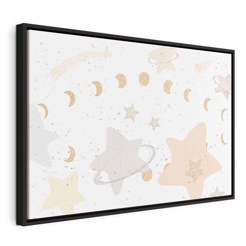 Fairy tale galaxy phases of – svart ram. Ljusa planeter, stjärnor och en rad månfaser bildar en luftig illustration i vitt, crème och blekt gult.
