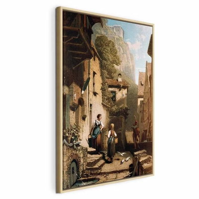Carl spitzweg im – naturfärgad ram. Små personer står på en trappa i en smal, solbelyst gränd mellan höga brunbeige hus och grön växtlighet.