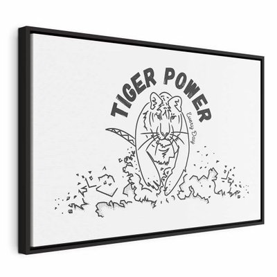 Tiger power wide – svart ram. Ett tigerhuvud i svart linjeteckning omges av växtformer och typografi på en vit botten.