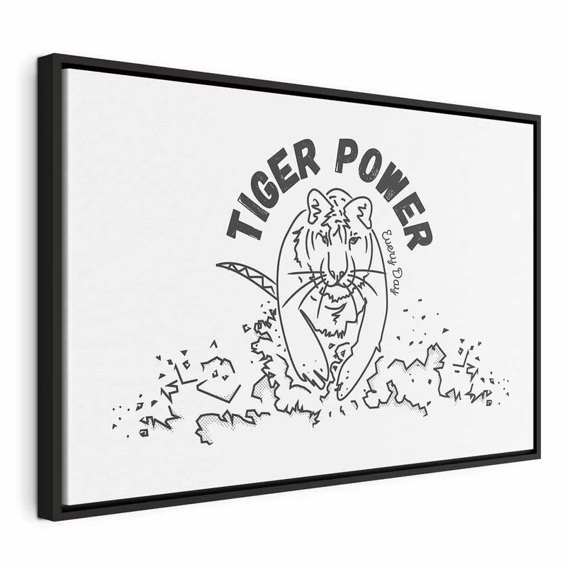 Tiger power wide – svart ram. Ett tigerhuvud i svart linjeteckning omges av växtformer och typografi på en vit botten.