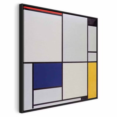 Piet mondrian tableau i – svart ram. Svarta linjer delar in vita fält med blå och gula partier i en geometrisk komposition med små röda accenter.