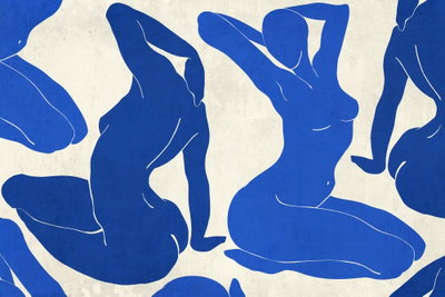 Blue femininity – motivvy. Förenklade blå kroppssilhuetter i flera poser bildar ett tätt mönster på crèmefärgad bakgrund.