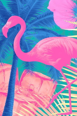 Pink flamingo abstract – motivvy. En starkt rosa flamingo omges av stora bladformer i blått, turkost och grönt.