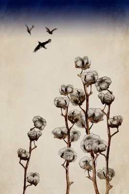 Cotton branches vertical – motivvy. Ljusa bomullstussar på bruna kvistar sträcker sig upp mot små mörka fåglar på en beige och blåtonad bakgrund.