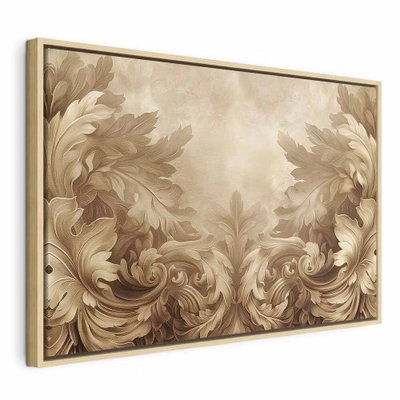 Carved baroque ornaments – naturfärgad ram. Stora, ljusbruna bladformer svänger symmetriskt runt en ljus mitt. Den snidade reliefkänslan hör till tryckmotivet.